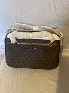 Michael Kors Brown MK Logo Messenger Bag with Gold Hardware